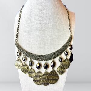 Vintage Boho Midnight In The Park Gold Tone Leaf & Gemstone Statement Necklace